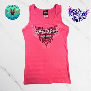 Harley Davidson Tank Top Women Large Pink Ribbed Sleeveless Biker Y2K Rhinestone